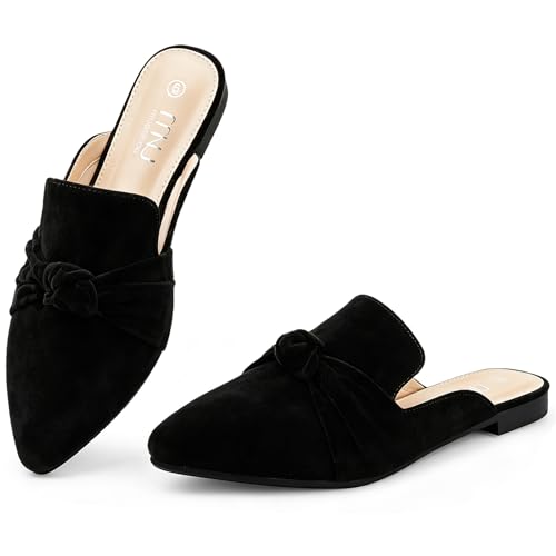 Image of MUSSHOE Mules for Women with Bow Knot: Pointed Toe Flats - Cloud-Cushion Suede Backless Loafers for Office & Casual Wear - Wide-Fit Friendly Slip On Slides with Memory Foam