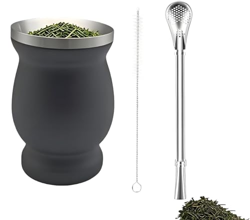 LJYING Stainless Steel Yerba Mate Cup 8oz - Double-Wall Gourd Design with Straw Spoon & Cleaning Brush, Yerba Mate Set for Mate Tea and Coffee (Black)