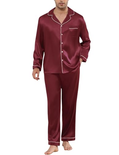 Image of Veseacky Mens Silk Satin Pajamas Set Short Sleeve Sleepwear Button-Down Pjs Sets Two-Pieces Loungewear with Pockets S-XXL