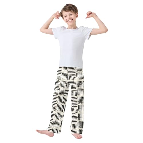 Boho Bohemian Geometric Line Long Pajama Pants Elastic Waist PJ Bottoms with Pockets S A1107363