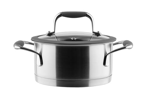 VINZER Pentola professionale da 2,4 l, in acciaio inox, a induzione con coperchio in vetro, Ø 18 cm, per carne, per spaghetti, per cucinare, sana e non rivestita, resistente al forno (50183)