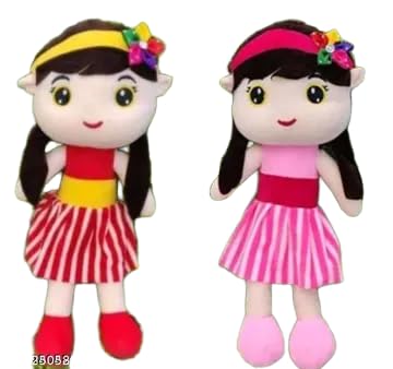 Soft Stuffed Girl Doll Plush Toy, Pack of 2 | Red & Pink Dress, Floral Headband, Long Hair, For Kids, Huggable Soft Toy-image-25