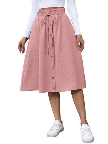 EARKOHA 2025 Skirt for Women Denim A-Line Skirt Autumn Loose Fit Button Midi Skirts Pink S