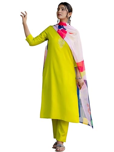 Image of Naixa Women's Viscose Embroidered Straight Kurta with Pant and Dupatta Sets (NK-440)