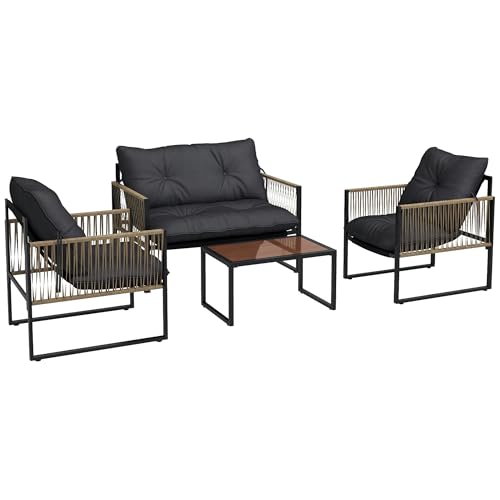 Outsunny Set Mobili da Giardino in Rattan 4 Pezzi, Salotto da Giardino Esterno con Divanetto 2 Posti, 2 Poltrone con Cuscini e Tavolino con Piano in Vetro, Set da Giardino Anti UV per Cortile, Grigio