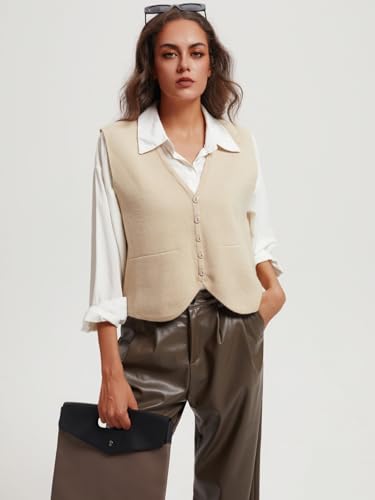 Image of Wowcarbazole Women's Cropped Sweater Vest Sleeveless V Neck Button Down Casual Knit Cardigan Vest Trendy Knitted Tank Tops