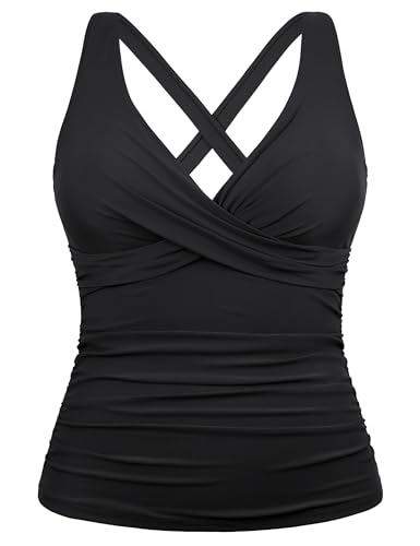 Hilor Women's Underwire Tankini Top Tummy Control Bathing Suits Sexy V Neck Crossover Swim Top Only4