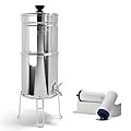 ProOne Traveler+ Stainless-Steel Gravity Water-Filter System, 2.25-Gallon Water Capacity, Countertop Water Dispenser for Home and Travel with Two 7-Inch Filter and Wire Stand