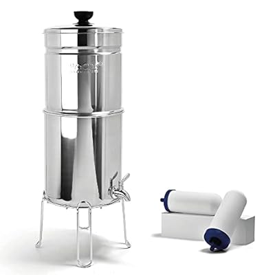 ProOne Traveler+ Stainless-Steel Gravity Water-Filter System, 2.25-Gallon Water Capacity, Countertop Water Dispenser for Home and Travel with Two 7-Inch Filter and Wire Stand