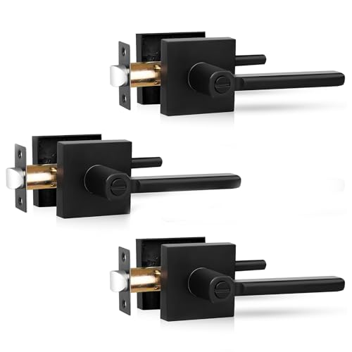 RAZCC Privacy Door Levers, 3 Pack Black Door Handles Heavy Duty Bed and Bath Door Knobs Interior Keyless Door Locksets, Reversible for Left & Right Handed Doors