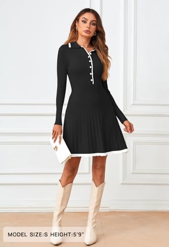 MEROKEETY Women's Long Sleeve V Neck Sweater Dress 2025 Fall Button Knit Pleated Mini Work Dresses2