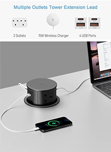 Automatic Pop up Power Socket with 15W Wireless Charger,Pop up Plug Extension Socket with 2 PD 20W Type C Port,4 USB Slots,3 Way Outlets Extension Lead,4.7'' Hole Pop Up Outlet for Kitchen Worktops