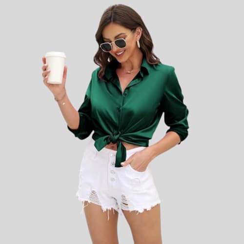 Image of IndoPrimo Women's Satin Shirt with Spread Collar Neck Line Solid Pattern Full Sleeves Regular Fit Western Style and Standard Length