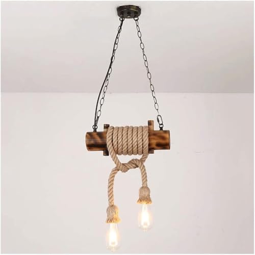 Rustic Wood Beam Pendant Light, 2-Light Industrial Rope Chandelier, Farmhouse