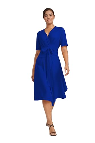 Image of Comfortable Dresses for Women Stretchy Flattering Fit Wrap Dress V Neck Short Sleeve Tie Waist Daily Wear Work Vacation