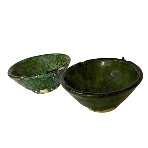 Ciotole Marocchine Tamegroute, Set 2 Pezzi, Ceramica Verde Artigianale, 14 cm x 7 cm