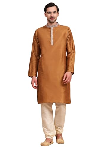 Image of SKAVIJ Men's Art Silk Embroidered Kurta Pajama Set Thread Work Ethnic Motifs Festive Party Dress