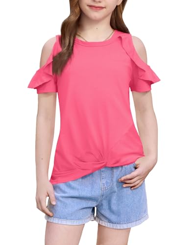 Image of BesserBay Girls Cold Shoulder Tops Twist Front Tunic Ruffle Sleeve Summer Blouses 5-14 Years