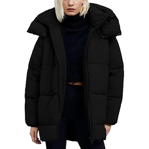 Flygo Womens Hooded Quilted Puffer Jacket Mid-Length Padded Warm Winter Heavyweight Coat Outerwear(Black-M) Cover