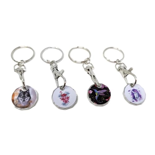 JRose Collections UK Shopping Trolley Token Keyring – 4 Assorted Designs | Reusable Coin Replacement for Trolley | Convenient Keyring with Clip | Eco-Friendly Alternative to Pound Coins