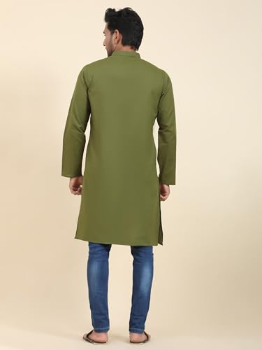 Image of SKAVIJ Mens Cotton Casual Wear Modern Kurta Shirt for Everyday Use Yoga Outfit Olive Green Small