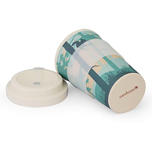 Earthism Eco-Friendly Bamboo Fibre Travel Reusable Coffee Mug With Lid 400 Ml Cyclist Green, Beige #TOP2