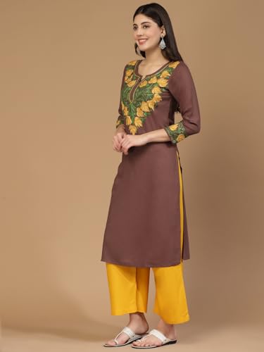 Image of QAZMI Women's Noura Kashmiri Aari Embroidered Viscose Rayon 3 /4 Cuff Sleeves A-Line Kurta