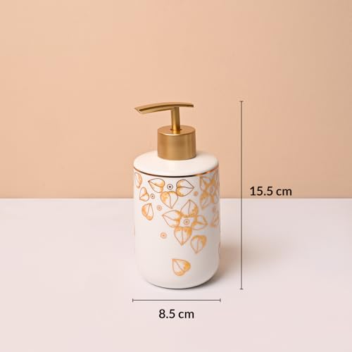 Image of Market99 Ceramic Bathroom Set Glossy White and Golden with Sophisticated Leaf Design, Includes Soap Dispenser, Tumbler, Toothbrush Holder, and Soap Dish for Coordinated Bathroom Style, 300ML Capacity