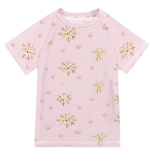 ALAZA Kids Rash Guard Girls Toddler Swim Shirts Short Sleeve Golden Snowflake Pink UPF 50+ 3T