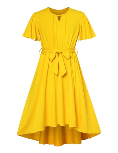 Girls Ruffle Dress Summer Plain Casual Irregular Party Dress with Belt 7-14 Years