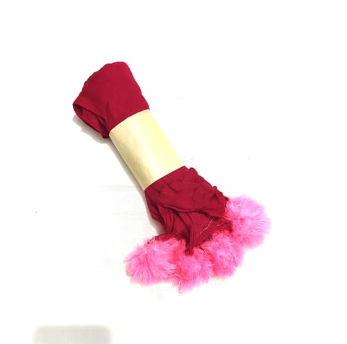 Image of Women's Dupatta | Maroon with Pink Faux Fur Pom Pom Border | Glitter Detail | Festive Style
