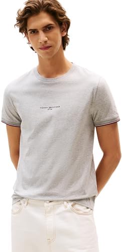 Tommy Hilfiger Herren T-Shirt Kurzarm Logo Tipped Rundhalsausschnitt, Grau (Light Grey Heather), XS