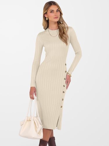 ANRABESS Womens 2025 Fall Long Sleeve Midi Dress Ribbed Knit Bodycon Fitted Button Down Wedding Guest Slit Sweater Dresses