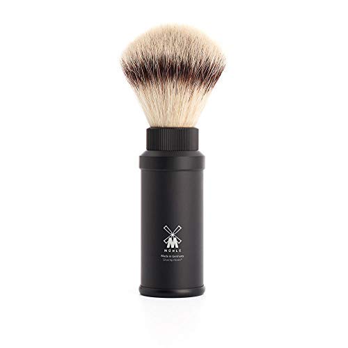 Mühle Travel Reiserasierpinsel - Silvertip Fibre Rasurpinsel - Griff aus schwarzem, eloxiertem Aluminium - Handarbeit - vegan Cover