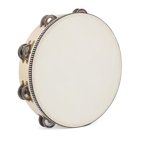 LIEKE Tamburin 10' Tambourine Ziegenfell Handtrommel mit 8 Paar Doppel Metall Schellen Jingles für Musik Klassenzimmer Tanzparty Kirche Spiel Requisiten