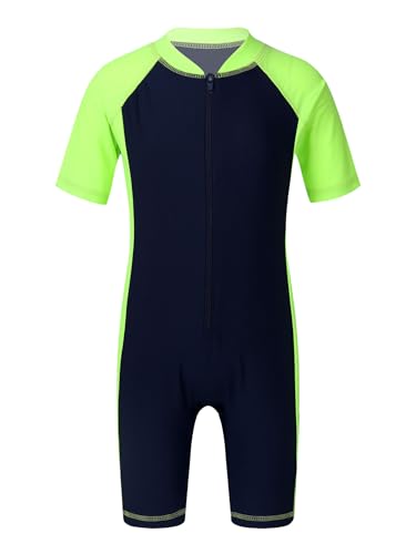 YOOJIA Kinder Jungen Mädchen Athletic Badeanzug Kurzarm Schwimmanzug Bademode Neoprenanzug Badebekleidung mit Badekappe Navyblau&Grün 122-128