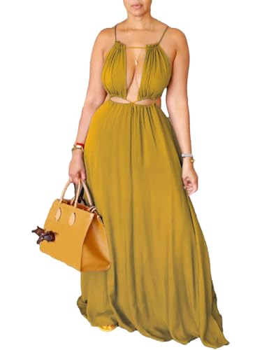 Image of Unybwonn Womens Summer Dress Spaghetti Strap Halter Sleeveless Sexy Cutout Boho Maxi Sundress Beach Vacation Dresses