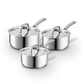 SLT900224 Sur La Table Core 3 Piece Saucepan Set with Lids, Riveted Steel Handles, Induction Compatible, 16cm/18cm/20cm Saucepans, Stainless Steel