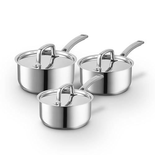 Sur La Table Core 3 Piece Saucepan Set with Lids, Riveted Steel Handles, Induction Compatible, 16cm/18cm/20cm Saucepans, Stainless Steel, SLT900224