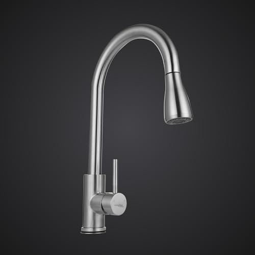Image of Hindware Italian Collection Pull Down Kitchen Sink Faucet | Kitchen Sink Mixer | Deck Mount Installation | Made of SS | Dual Mode - Spray & Stream | Min. 3-Bar Water Pressure Required