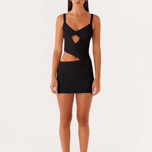 Image of Women Sexy Cutout Mini Dress Spaghetti Strap Backless V-Neck Patchwork Bodycon Short Dress Party Cocktail