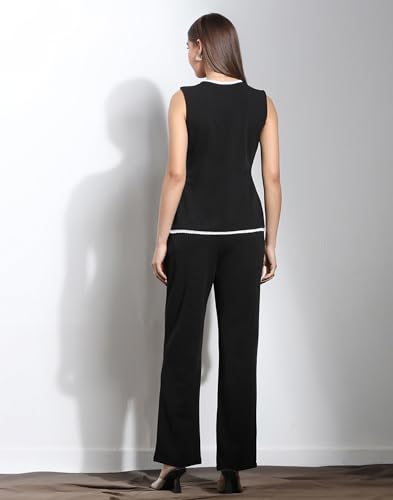 Image of Selvia Women's Sleeveless Button West Top with Straight Pants, Chic Formal Co-Ord Set