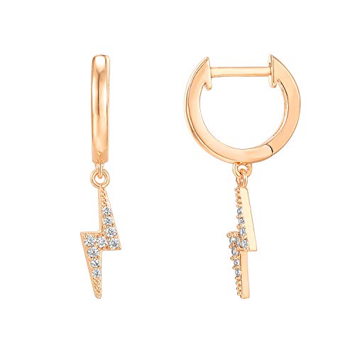 PAVOI 14K Rose Gold Plated S925 Sterling Silver Post Drop/Dangle Huggie Earrings for Women | Dainty Lightning Bolt Earrings
