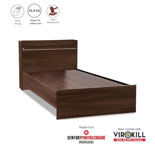 Image of DELITE KOM | 1 Year Warranty | Single Bed, Cherry Engineered Wood Bed Without Box Storage & with Headboard Shelf Storage, Wooden Bed (83x37 Inches) | Installation Included | Color - Acacia Dark