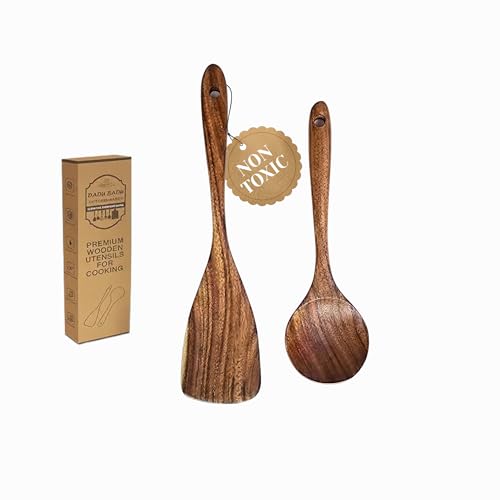 DADU BADU 2 Piece Teak Wood Utensil Set Flat Spatula & Serving Spoon for Nonstick Cookware, Heat Resistant, Non Toxic Wooden Cooking Tools, Smooth Edges, Minimalist Kitchen Gift