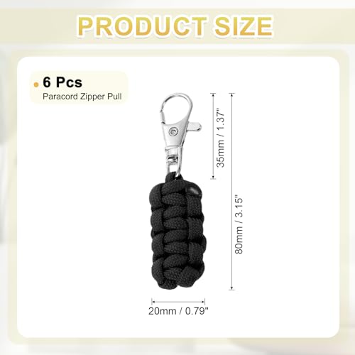 Image of YELARXI Paracord Zipper Pull Polyester Zipper Pulls Replacement Woven Rope with Metal Clasp, 80 mm Length Fit for Backpacks Clothing Luggage Accessories - Cylinder (6 Pack, Black)