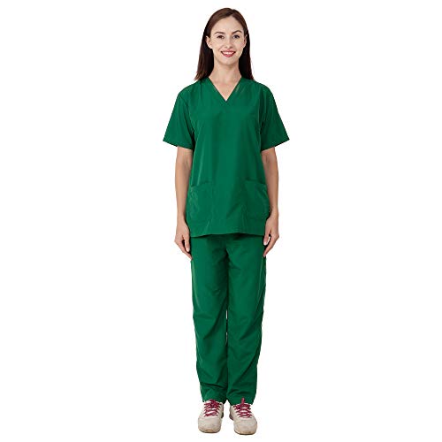 Image of RANK Women's Regular Fit Cotton Polyester Scrub Suit Set | V-Neck Top and Drawstring Pant For OT Nurse Compounder, Medical Lab Uniform Half Sleeves Scrub Suit Size - M (Hunter Green)