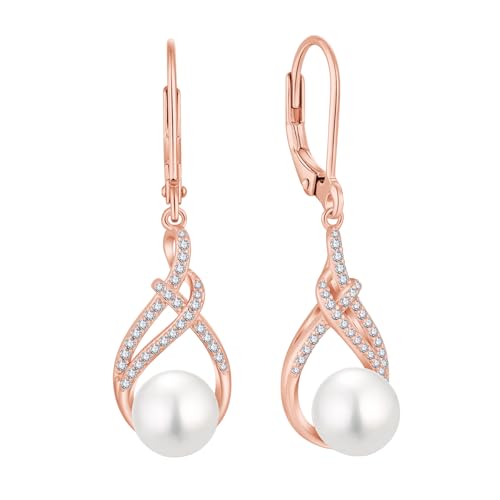 Pearl Dangle Drop Earrings for Women 925 Sterling Silver Infinity Leverback Earrings with 8MM White Pearl Jewelry Gifts for Her