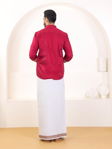 Image of RAMRAJ COTTON Men Premium Cotton Full Sleeves Shirt and Fancy Border Dhoti Set Luxe Set