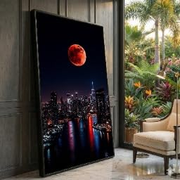 Decoration eclipse lunaire et tableau paysage urbain nocturne 40 x 70 cm